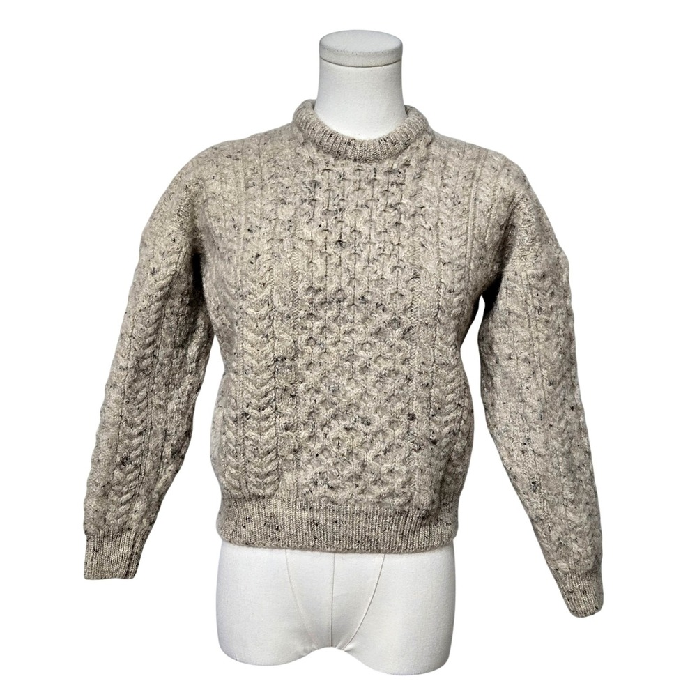 Carraig Donn Sweater Youth Small Beige Wool Cable Knit Irish Aran Pullover Kids